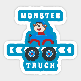 Cartoon vector of monster truck with little animal driver. Sticker